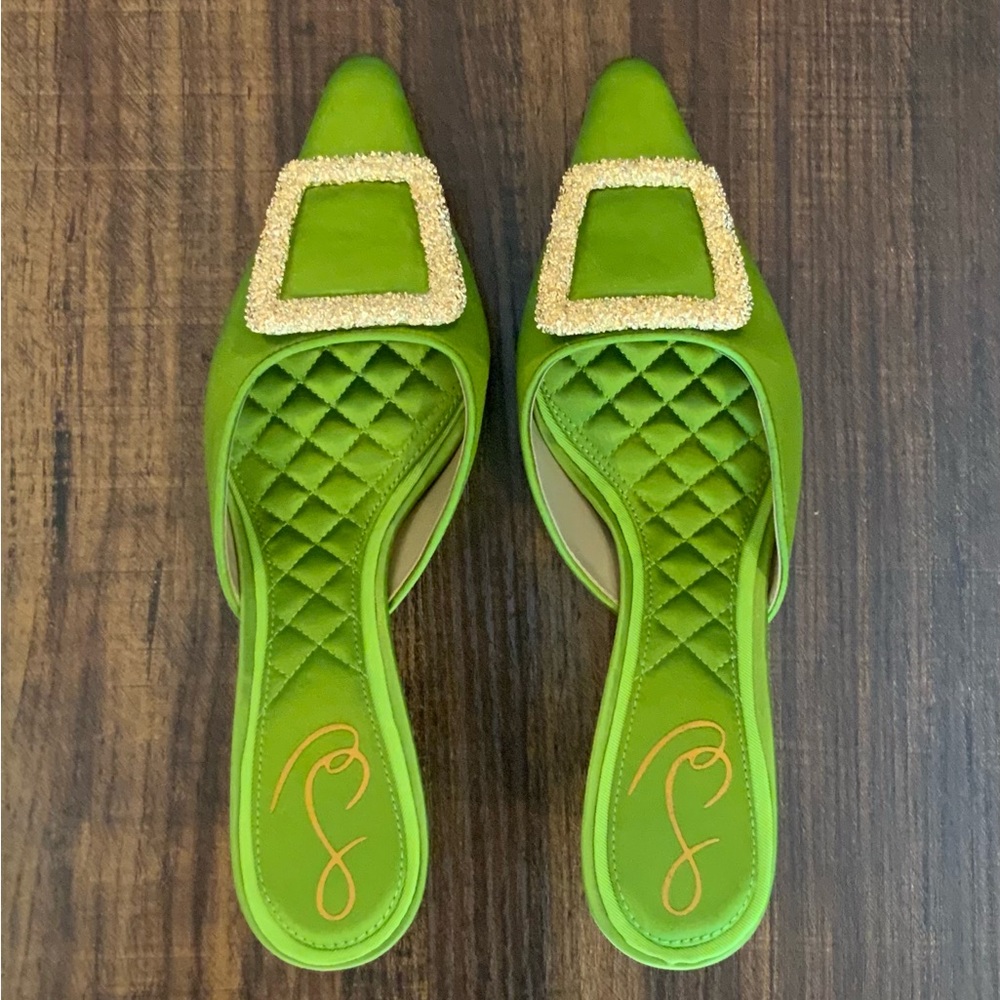 Sam Edelman Lime Green Quilted Pointed Toe Mules with Gold Buckle